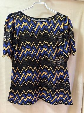 Picadilly Chevron Sheer Top Blue Gold Black Sheer Stretch Blouse Size 10